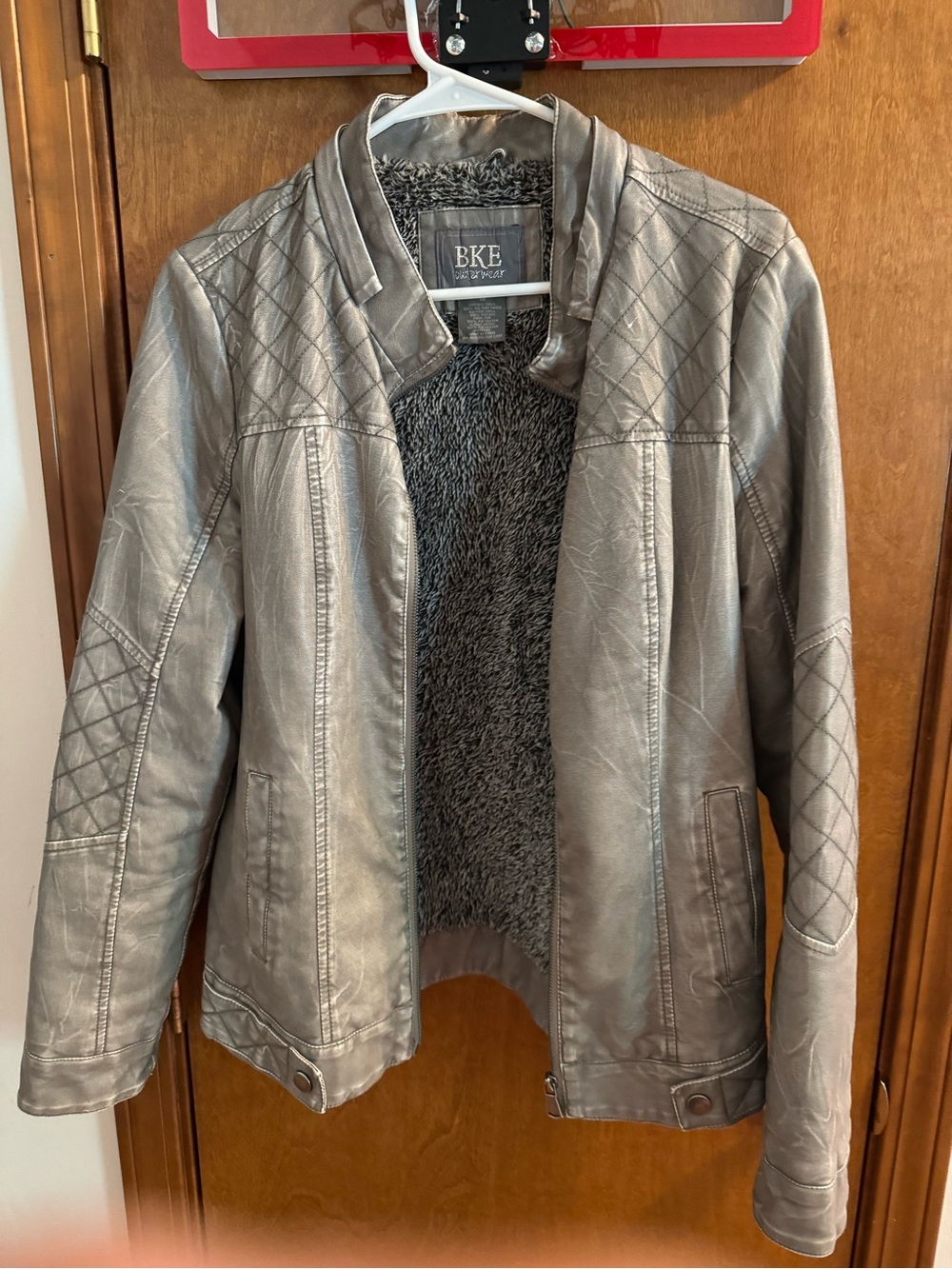 BKE Metallic Gray Quilted Faux Leather Jacket